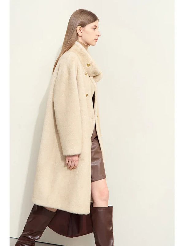 AMII Minimalism 2026 Winter New Warm Modern Turtleneck Double Breasted Imitation Mink Eco-friendly Fur Lady Fleece Coat 12424006
