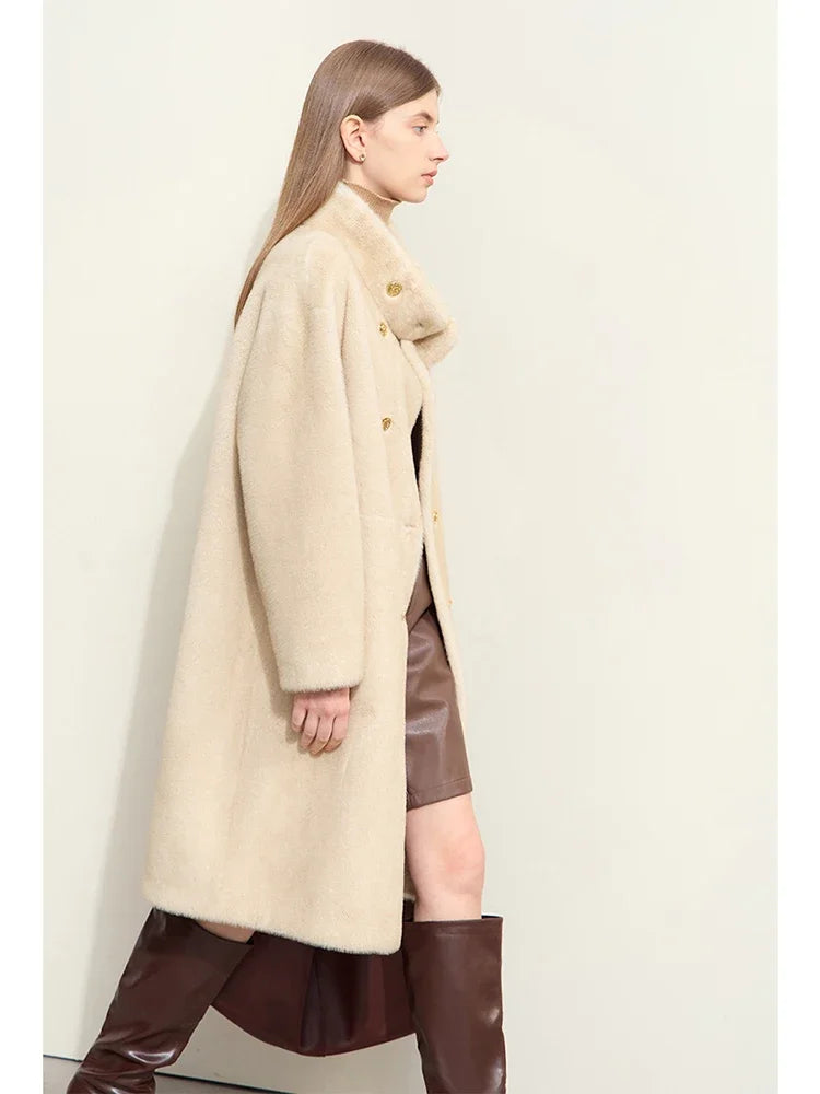 AMII Minimalism 2026 Winter New Warm Modern Turtleneck Double Breasted Imitation Mink Eco-friendly Fur Lady Fleece Coat 12424006