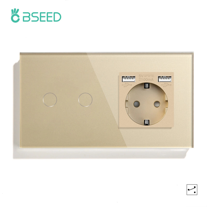 Bseed Touch Light Switch 1/2/3Gang 2Way Wall Socket Type-C USB Port Light Switches For Stairs Glass Panel Blue Backlight 240V