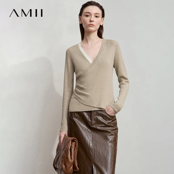 អាវយឺត AMII សាមញ្ញបំផុតសម្រាប់ស្ត្រីឆើតឆាយឆ្នាំ ២០២៦ ម៉ូដរដូវស្លឹកឈើជ្រុះពណ៌ផ្ទុយគ្នា V-Neck Office Women Slim Pullover Sweater 12553069
