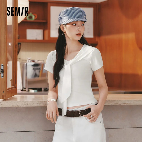អាវយឺត Semir សម្រាប់នារី ប្រវែងខ្លី ក្រមារពីរដុំ រចនាបថដូចចរ ស្លីមហ្វីត ម៉ូដរដូវក្តៅ ឆ្នាំ២០២៦