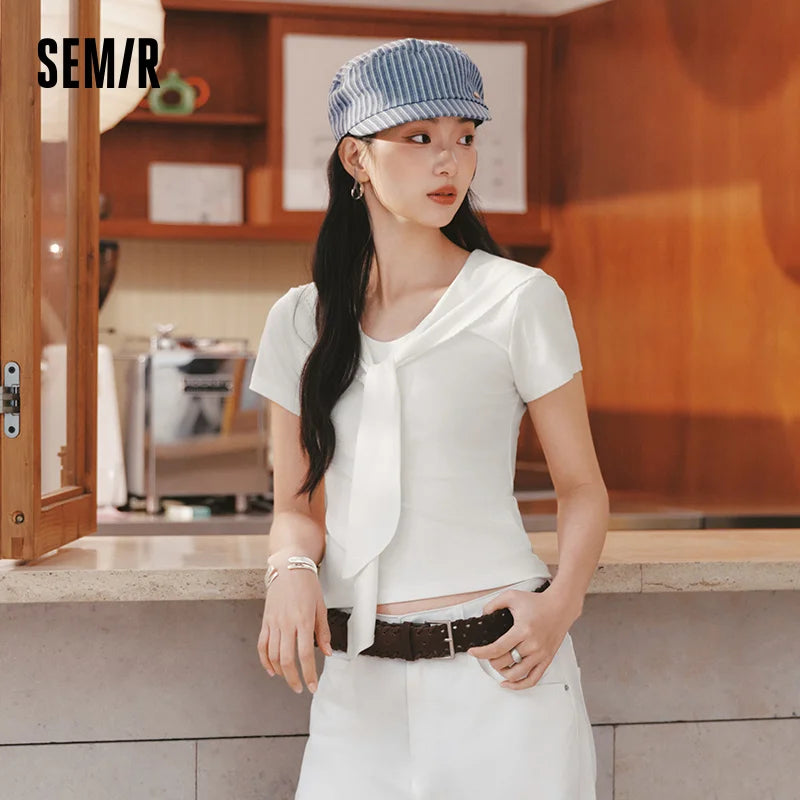 Semir Women Tshirt Short Length Fake Two Piece Lace Lapel Shawl Standard Shoulder Slim Fit 2026 Summer Fashion Top