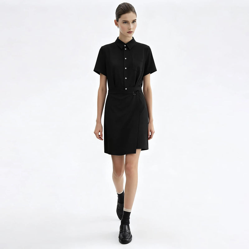 Amii Women's Casual Dresses 2026 Summer New Lapel Collar Half Placket Short Sleeve Panel Office Midi Dress For Women 12642177