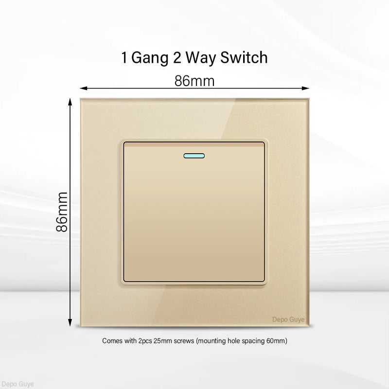 Gold UK 13A Tempered Glass Dual Socket,Universal Power Outlet With USB Type C 18W Quick Charge,Home Light Electric Switch Panel