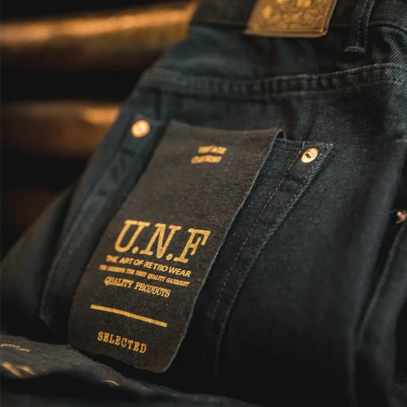 ខោខូវប៊យ Maden Men Baggy Denim Jeans ខោខូវប៊យចង្កេះមធ្យមពណ៌ខ្មៅបែបអាមេរិកាំង Retro លាងសម្អាតដោយទឹក ខោត្រង់បែបបុរាណ ខោ Tannin