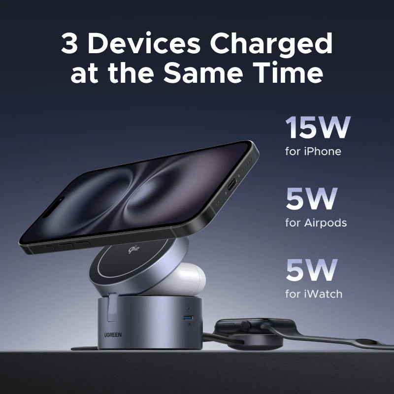 UGREEN Qi2 15W Max Magnetic 3-in-1 Wireless Charger Fast Charging Stand For Magsafe Charger For iPhone 15 16 Pro Max/AirPods