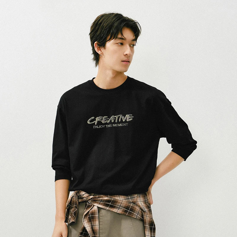 Semir Cotton Tshirt Men 2026 Spring Letter Print Crew Neck Couple Style Casual Black Basic Comfortable Inner Layer Top