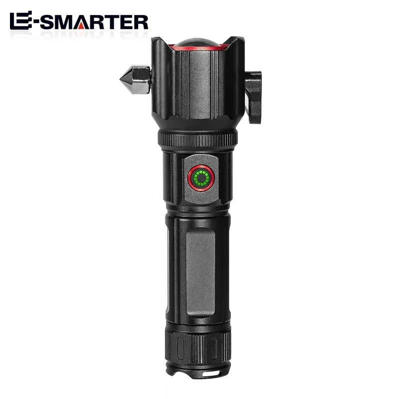 ពិល LED ពង្រីកថាមពលខ្ពស់ជាមួយការសាកថ្ម USB COB Safety Hammer ពហុមុខងារ ពិលឡាស៊ែរពណ៌សអាលុយមីញ៉ូមធន់នឹងទឹក
