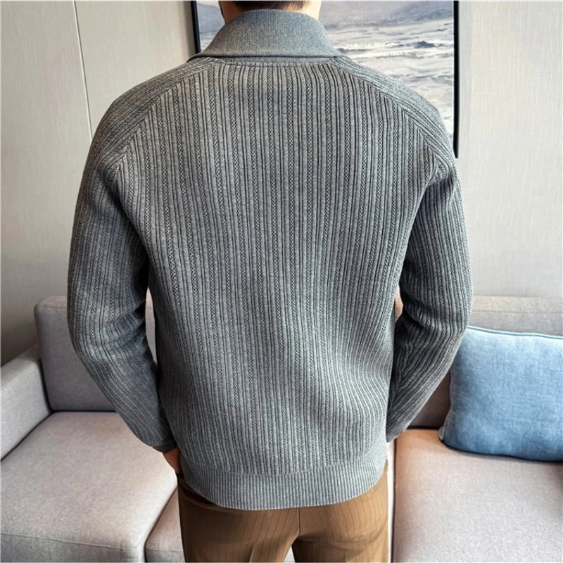 Men's Shawl Collar Knit Cardigan, Old Money Style Stripe Design, Thickened Autumn Winter, White Gray Black