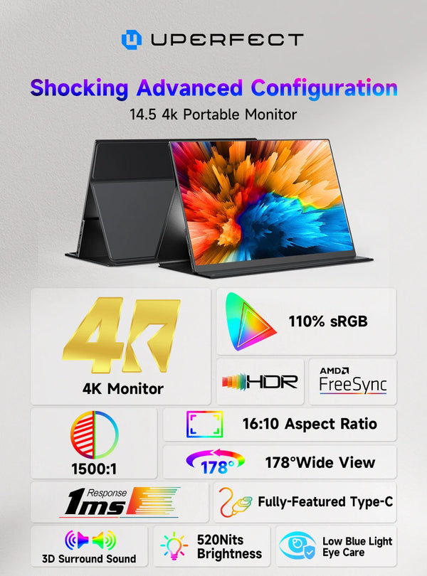 ម៉ូនីទ័រចល័ត PERFECT ទំហំ 14.5 អ៊ីញ 4K 60Hz អេក្រង់ IPS 16:10 ជាមួយជើងទម្របង្ហាញទីពីរប្រភេទ C Mini HDMI សម្រាប់ MAC/កុំព្យូទ័រយួរដៃ/កុំព្យូទ័រ/Xbox/PS5