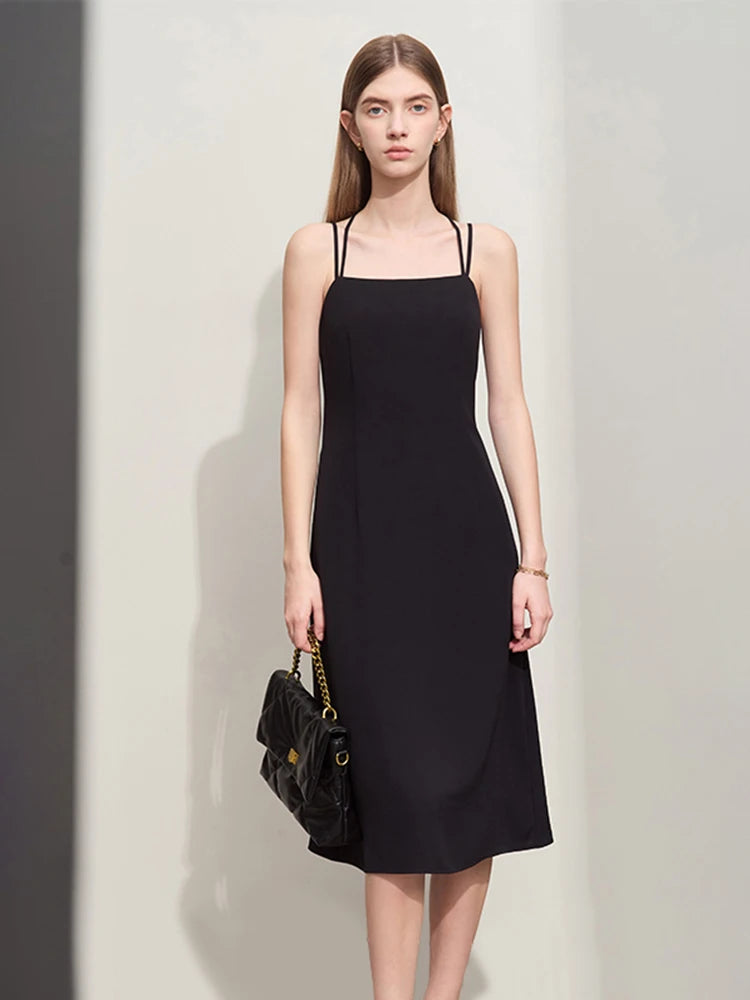 AmiiI Minimalism Halter Dresses for Women 2026 Summer New Solid Slim Fine Twill Woven Cross A-Line Casual Strap Dress 12422043