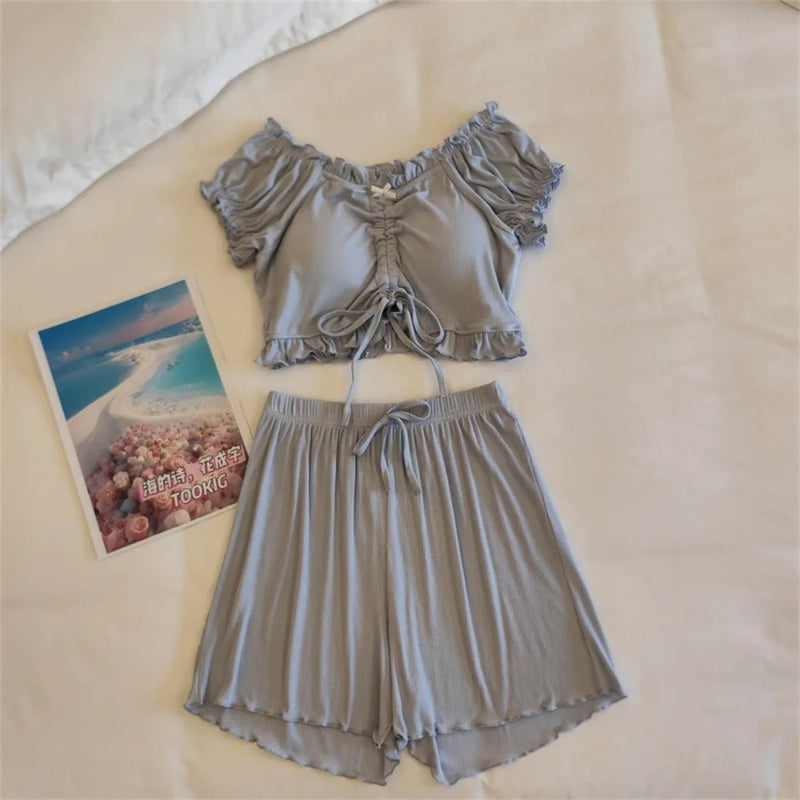 Summer Woman Pajamas Shorts Nightwear Chest Pads Pijama 2 Piece Sets Sleepwear Women's Pajamas Home Suit Pyjamas Female Clothing