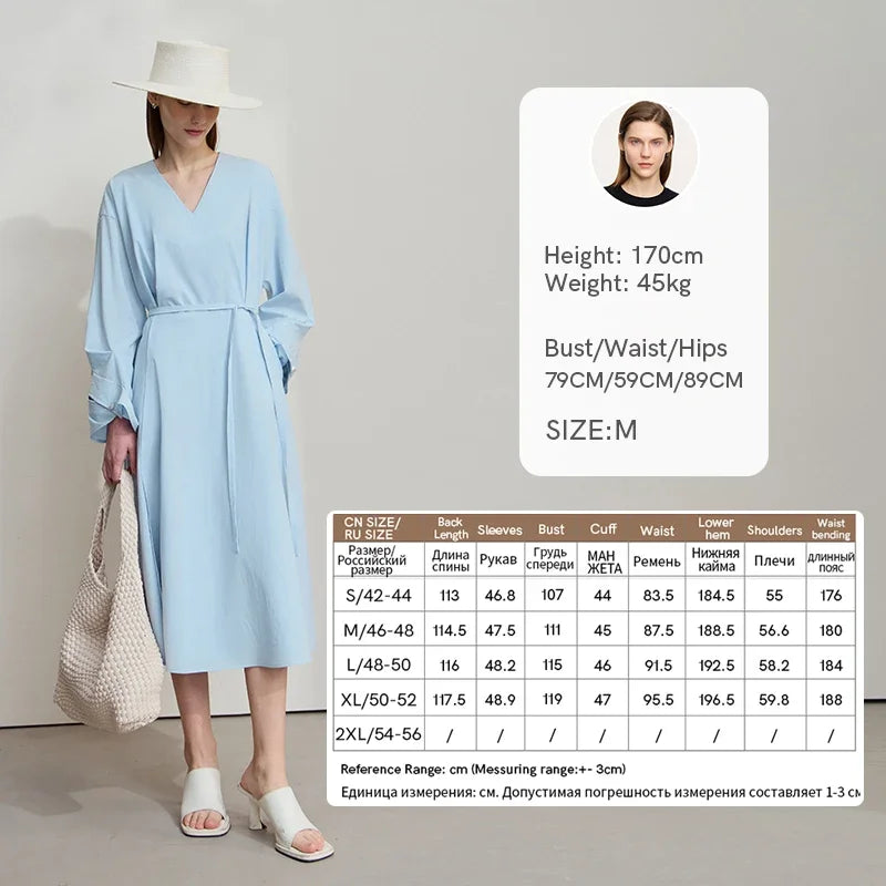 Amii Minimalist Women's V-Neck Dress 2026 Autumn New Bud Sleeve with Belt Solid Color Casual Elegant A-shaped Dress 12541108