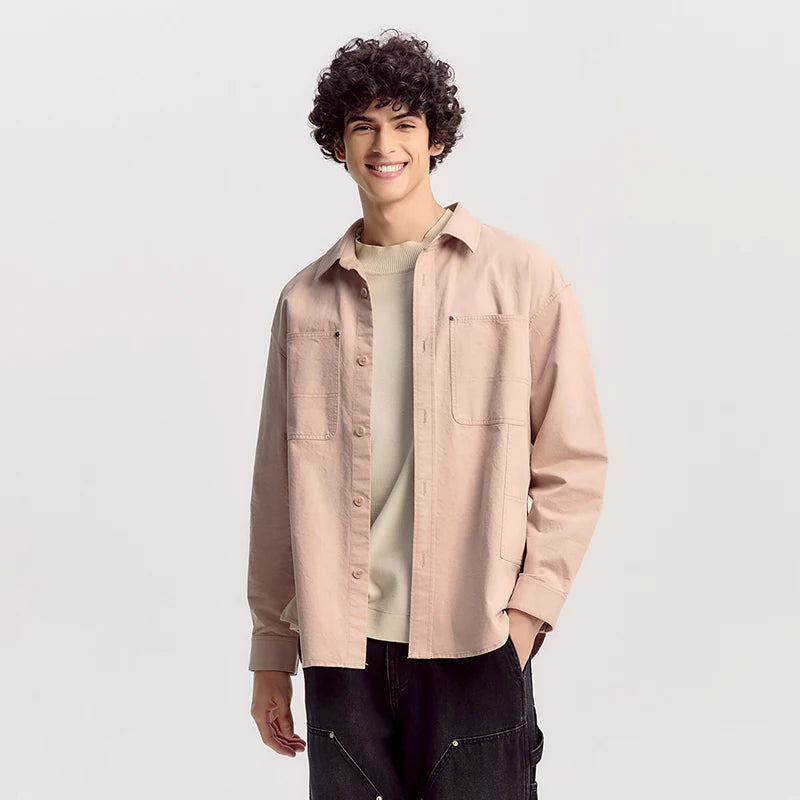 Semir Cargo Shirt Men Long Sleeve Cotton Twill Loose Lapel Fleece Casual Commute Daily Wear Spring Fashion Comfort Top