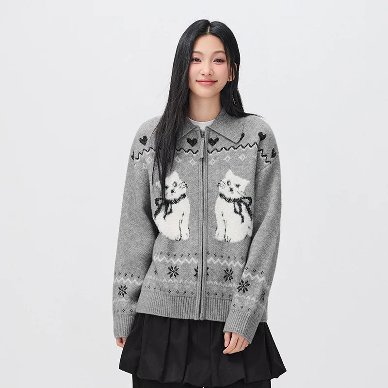 Semir Women Knit Cardigan Turn Down Collar Oversized Fit Geometric Jacquard 2026 New Winter Daily Wear Urban Casual Style