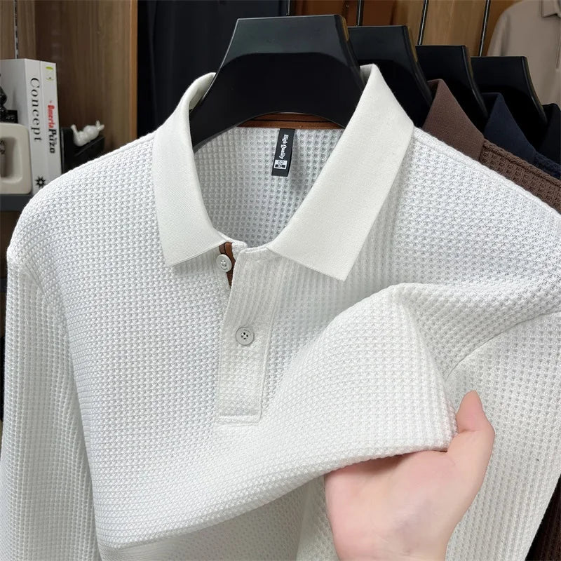 Men's Long Sleeve Waffle Knit Polo Shirt – Soft Cotton Blend, Slim Fit, Casual Business Top for Autumn Winter, Multi-Color
