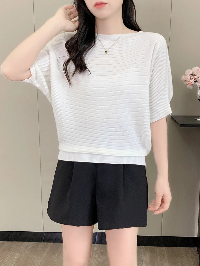Female Jumper Korean Short Knitted Sweater One-word Collar Top Women's Five-quarter Sleeves Spring Autumn Pullover Shirt
