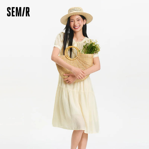 រ៉ូបស្ត្រី Semir ដៃអាវប៉ោង ក ចរ មីឌី បារាំង ឆើតឆាយ រដូវក្តៅ 2026 រ៉ូមែនទិក ទន់ ស្រួលពាក់ អាវប្រចាំថ្ងៃ