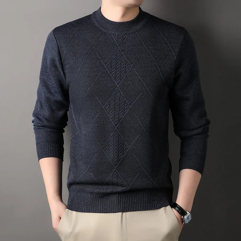 Stretch Crew Neck Male Knitted Pullover Embossed Diamond Pattern Fleece Lined Cold Proof Casual Long Sleeve Top