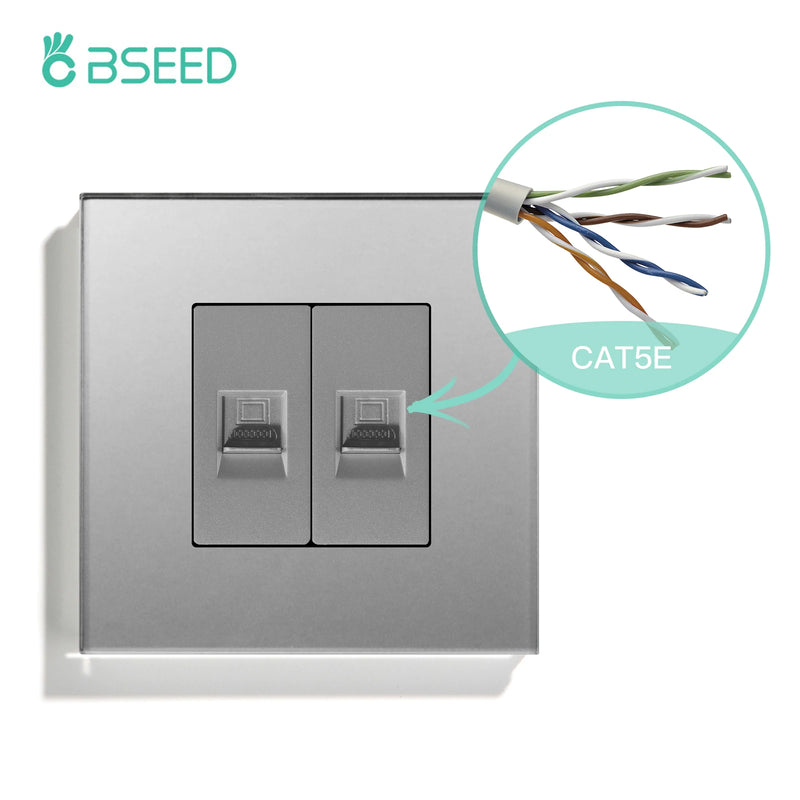 BSEED Double CAT5 Network Data Socket Internet RJ45 CAT6 PC Wall Outlet  EU Standard Tempered Glass Panel White Black Golden