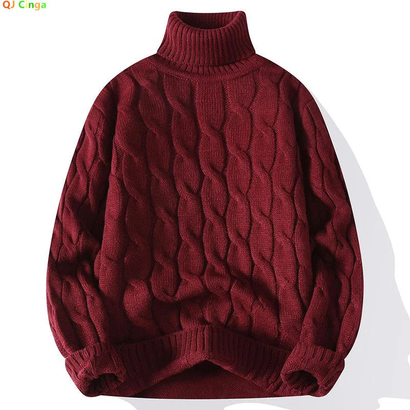 2026 New Men's Long-Sleeve Turtleneck Sweater Spiral Pattern Decorated Pullover Available in Red, Black, White, Gray, and Navy.
