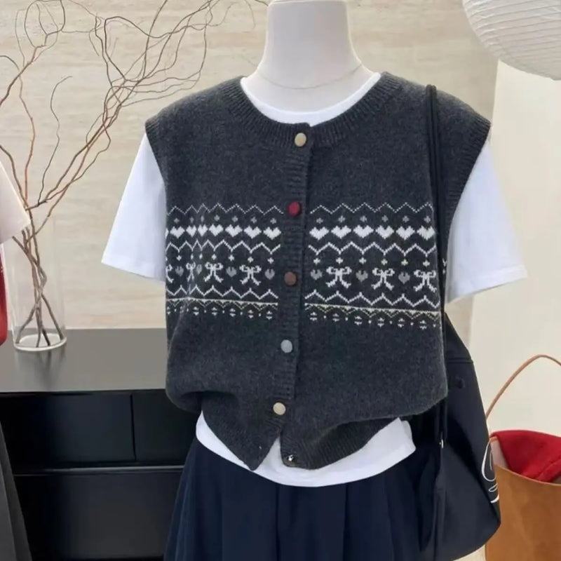Retro Jacquard Knitted Cardigan Vest Women's Spring Autumn Round Neck Lazy Wind Casual Stacked Top Sleeveless Knitwear Sweater