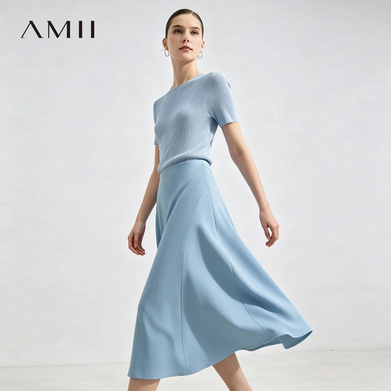 Amii Women's A-Line Skirt 2026 Summer New Stretch Air Layer Loose Solid Color Office Casual Midi Draped Skirt For Women 12622185