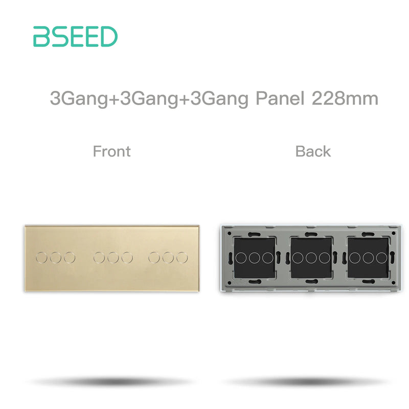 BSEED Triple EU Standard Wall Glass Panel 3/6/9Gang Touch Switch Crystal Panel With Metal Frame DIY Part 228mm