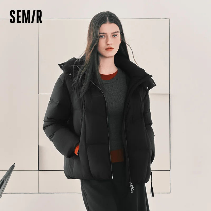 Semir Women Down Jacket 90 Percent Down Fill Hooded Design Loose Fit Mid Length Solid Color Warm Insulation 2026 Winter