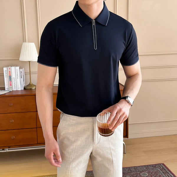Men's Half-Zip Polo Shirt, Summer Short Sleeve Solid Color Business Casual Turn-Down Collar T-Shirt Breathable and Sweat-wicking