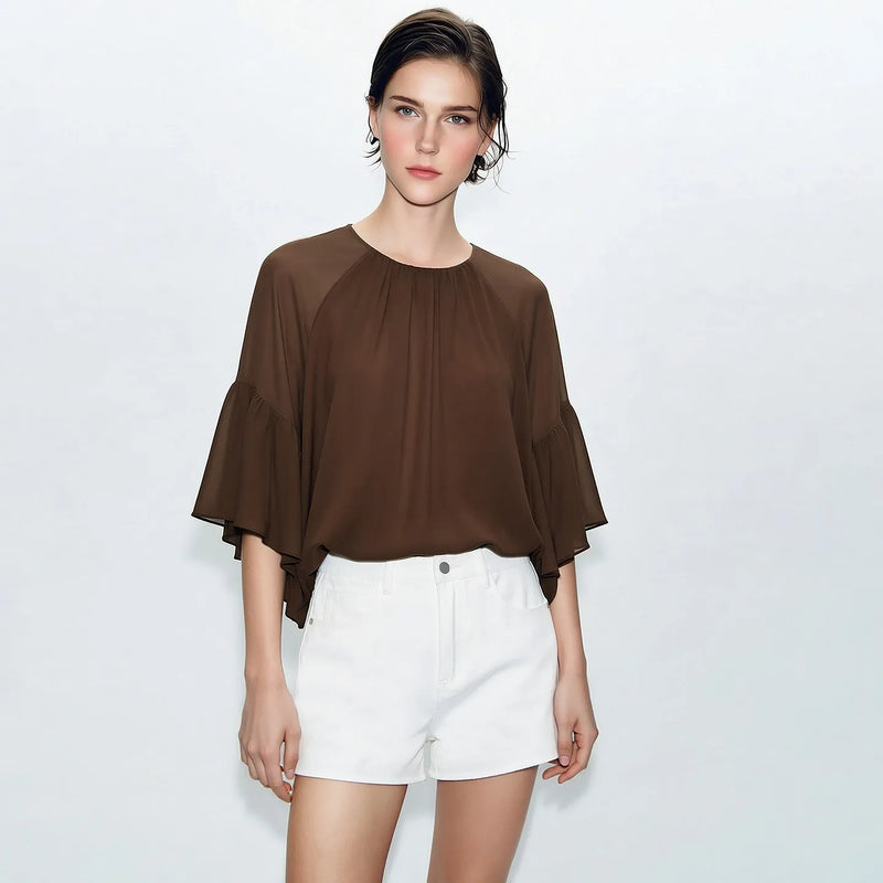 Amii Women's Blouse 2026 Summer New Loose Elegant Office Chiffon Tops Round Neck Raglan Sleeve Casual Shirt for Women 12622213