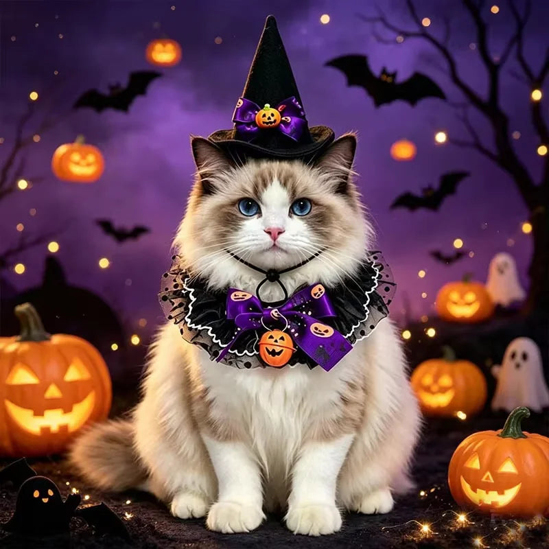 2026 New Pet Saliva Towel Hat Combination Halloween Decorative Cat Bib Dog Lace Scarf