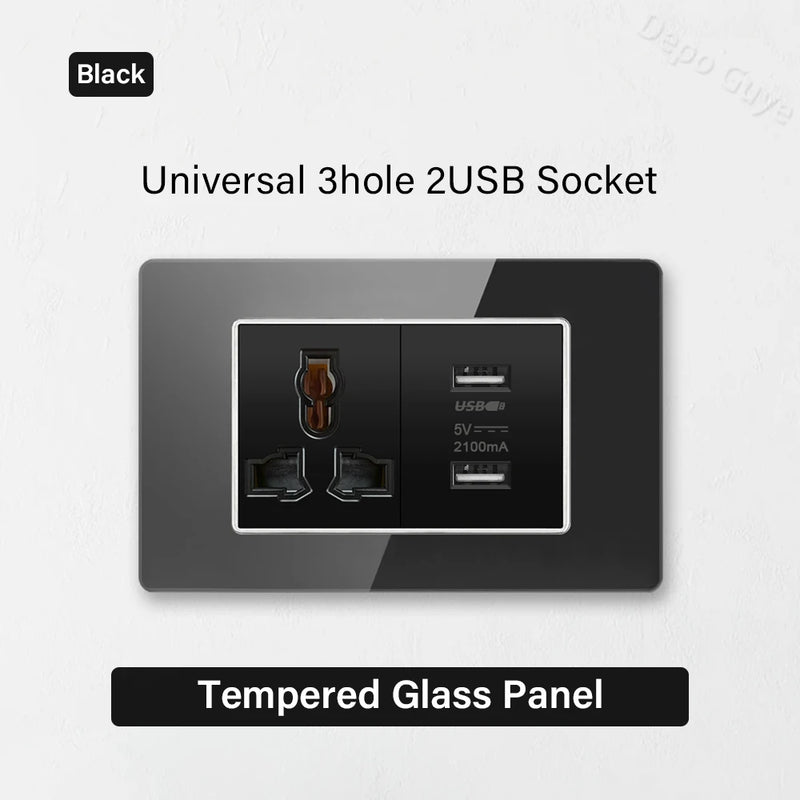 Type 118 Black Tempered Glass Panel EU Wall Light Switch,Europe Wall Socket With USB Type-c 18W Quick Charge Outlet 118*75mm