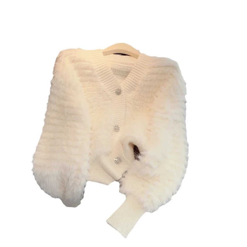 Mink Fleece Knitted Sweater Women's Clothing 2026 Autumn Winter Soft V-neck Cardigan Sweater Jacket Fashion Long-sleeved Top