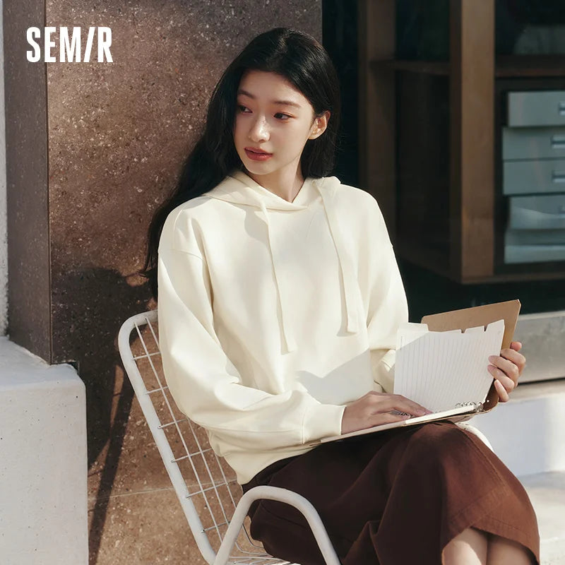 Semir Embroidered Hoodie Women Spring Hooded Loose Split Design Minimalist Gentle Style Casual Comfortable Pullover