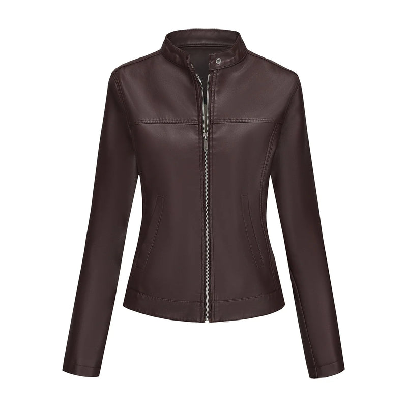 2026 New Women's Black Fitted Leather Jacket with Front Zipper & Side Pockets‌, Available in Brown, Navy Blue, and Beige.