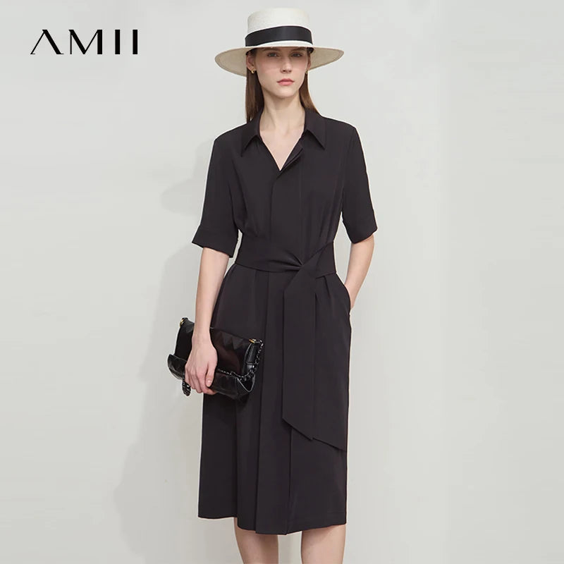 AMII Summer Office Lady Dresses Female 2026 Solid Short Sleeve Turn-down Collar with Belt Shirt Dresses Woman Fashion 12552048