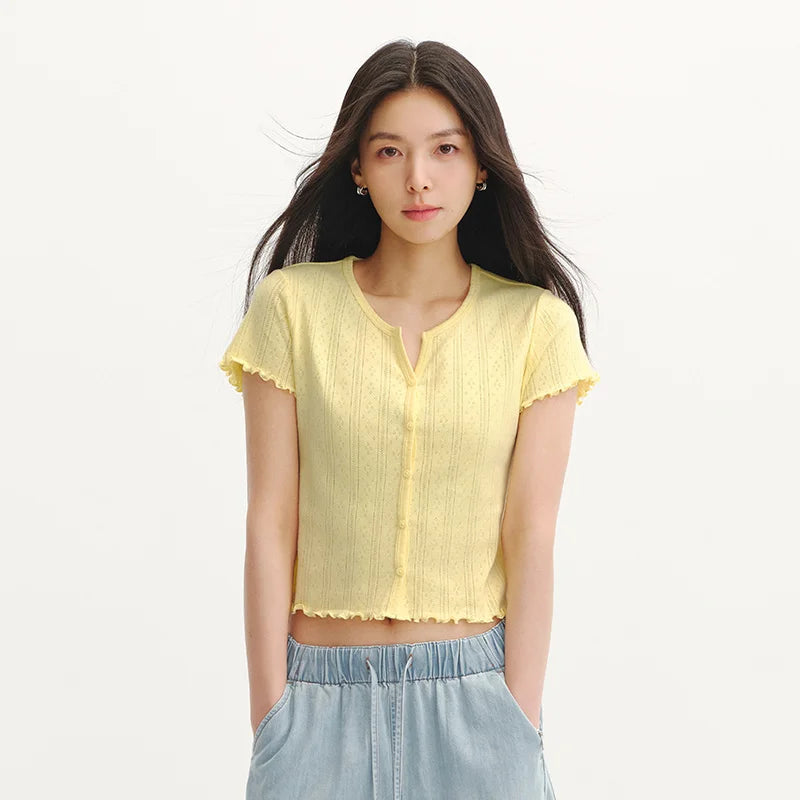 Semir Womens Tshirt 2026 Short Hollow Jacquard Texture Slim Pure Cotton Ruffle Edge Casual