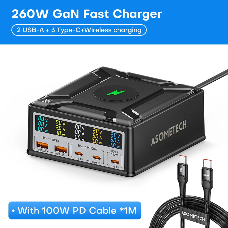 ឆ្នាំងសាក GaN 260W ប្រភេទ C PD3.1 ឆ្នាំងសាកលឿនសម្រាប់ Macbook ថេប្លេត PPS Quick Charge 3.0 សម្រាប់ iPhone 14 13 ឆ្នាំងសាកទូរស័ព្ទ Xiaomi Samsung