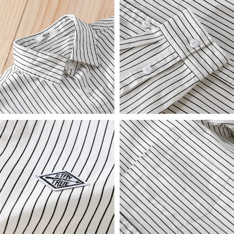Spring Autumn 100% Cotton Cargo Striped Long Sleeve Shirts for Men Clothing Casual Soft Streetwear FY9678