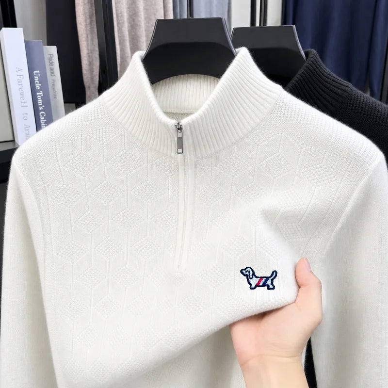 High End Luxury Man Long-Sleeved Knitwear Mock Neck Zipper Dog Embroidery Autumn Winter New Pullover Leisure Snug Men's Clothing