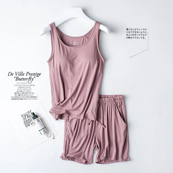 ឈុតអាវទ្រនាប់ Modal Cup Bra Pad Strap Tank Top Set Two Pieces Pajamas Women Comfort Sleepwear Short Suit Summer Lounge Wear Pijama Mujer