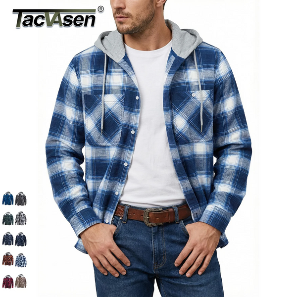 TACVASEN Men's Flannel Long Sleeve Hoodie Plaid Shirts Lightweight Cotton Button Down Casual Shirts with Pocket 2026 New Fashion