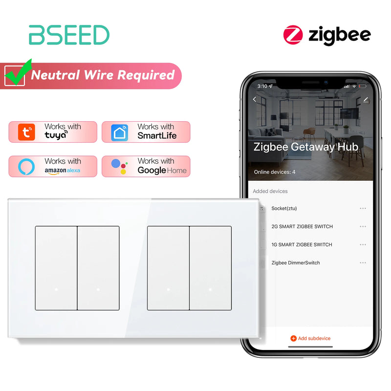 BSEED Zigbee Light Switch 1/2/3Gang 2Way Smart Click Button Switch Glass Panel White LED Indicator Tuya Smart Life Alexa Control