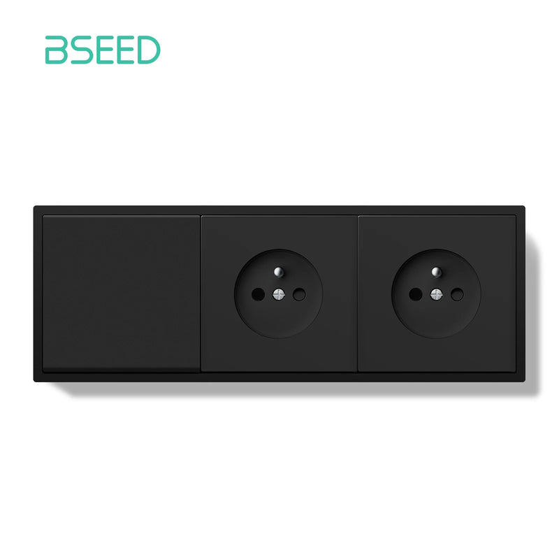 BSEED Mechanical Button Switch 1/2Gang 1Way With Wall French Socket Wall Light Switch Plastic Frame Switch On Off Black Color