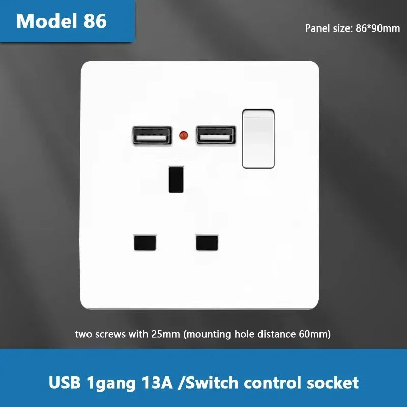 UK Standard Power Socket 13A Dual USB Plug Type-C Wall Outlet,1/2/3gang 2way Switch, White Universal 5pin Wall electrical socket