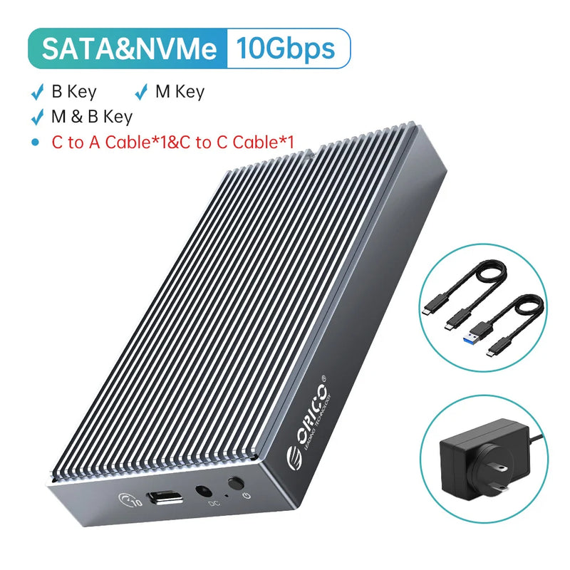 ORICO Dual Bay Dual Protocol M2 SSD Case Support M.2 NVME NGFF SATA SSD Disk For M Key & B+M Key SSD W/ 5V4A Power Adapter