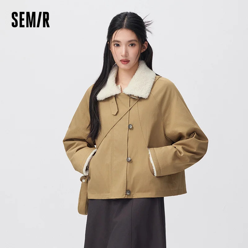 Semir Women Winter Jacket Plush Collar Loose Fit Raglan Sleeve Vintage Style Workwear 2026 New Winter Daily Wear