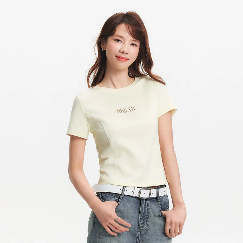 Semir Womens Tshirt 2026 Short Style Letter Split Slim Embroidered Regular Shoulder Slim Fit Casual Soft Daily Wear