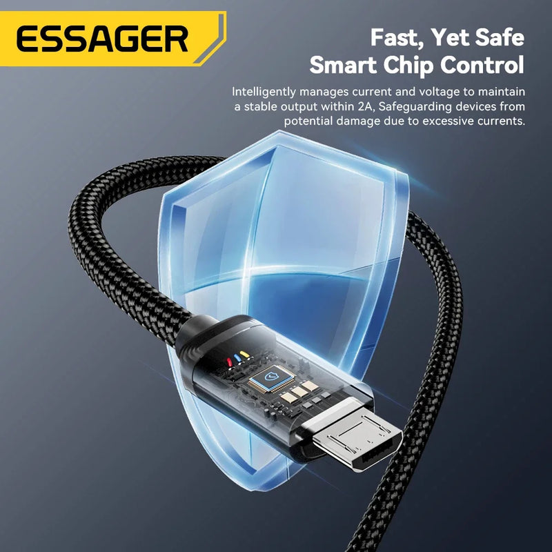 ខ្សែសាក Essager Micro USB 2A ខ្សែសាកលឿនសម្រាប់ Xiaomi Realme Redmi Samsung Huawei ទូរស័ព្ទចល័ត USB Data Charger Wire 3M